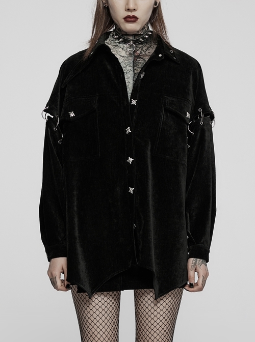 Loose Black Velvet Two-Way Split Detachable Long-Sleeve Punk-Style Irregular Hem Long Pocket Shirt
