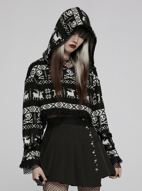 Loose Skull Cute Elk Pattern Black  White Stitching Lace Punk Short Hooded Sweater