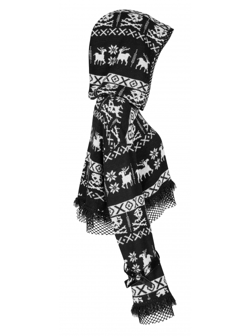Loose Skull Cute Elk Pattern Black  White Stitching Lace Punk Short Hooded Sweater