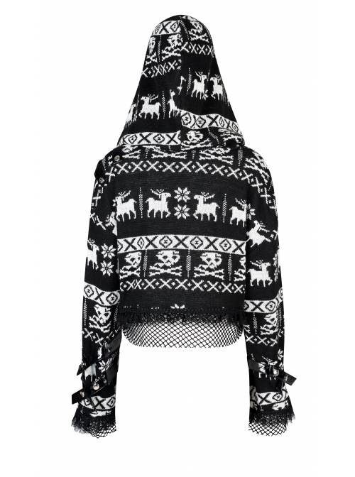 Loose Skull Cute Elk Pattern Black  White Stitching Lace Punk Short Hooded Sweater