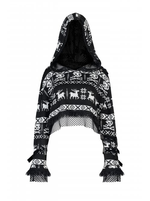 Loose Skull Cute Elk Pattern Black  White Stitching Lace Punk Short Hooded Sweater