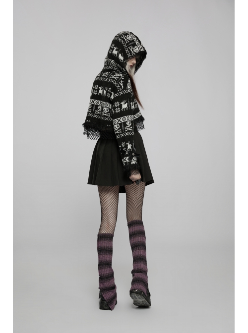 Loose Skull Cute Elk Pattern Black  White Stitching Lace Punk Short Hooded Sweater