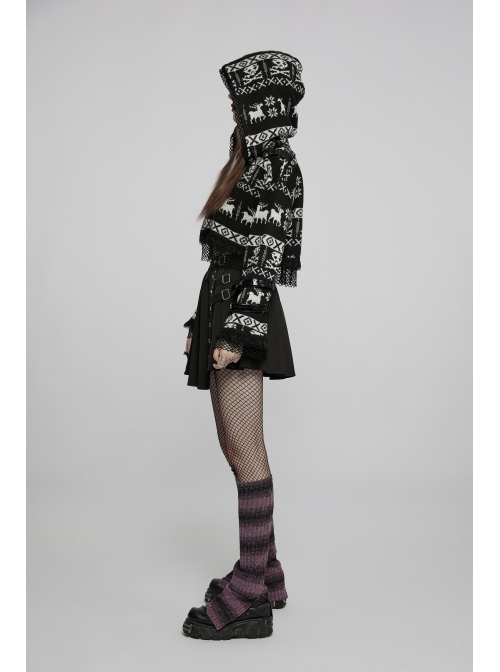 Loose Skull Cute Elk Pattern Black  White Stitching Lace Punk Short Hooded Sweater