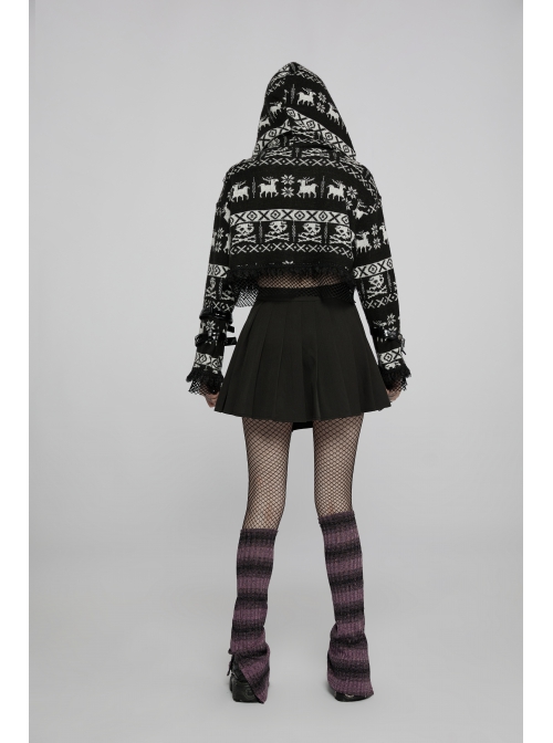 Loose Skull Cute Elk Pattern Black  White Stitching Lace Punk Short Hooded Sweater