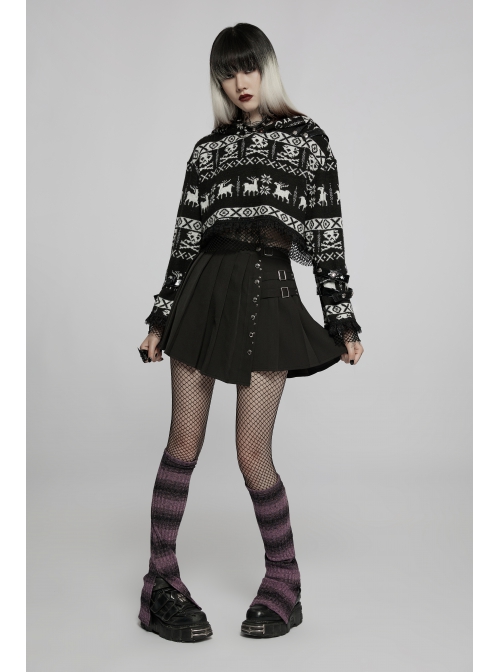 Loose Skull Cute Elk Pattern Black  White Stitching Lace Punk Short Hooded Sweater