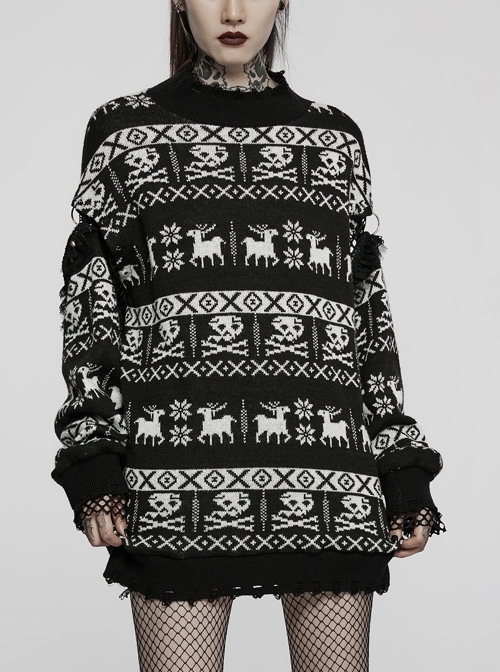 Loose Paneled Cut Hem Detachable Two-Layer Long-Sleeved Black  White Skull Punk Pullover