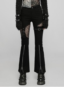 Slim Fit Stretch Black Sheer Lace Panel Two-Way Zip-Up Legs Sexy Gothic Flared Trousers