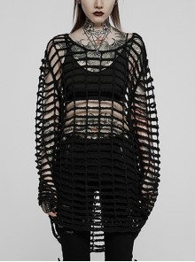 Black Oversized Mesh Blouse Layered Over Loose Sexy Knitted Short Front Back Long Gothic Sweater