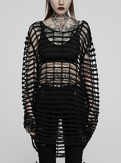 Black Oversized Mesh Blouse Layered Over Loose Sexy Knitted Short Front Back Long Gothic Sweater