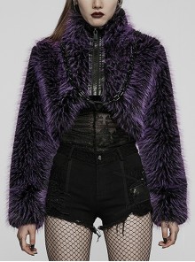 Half Turtleneck Plush Zipper Purple Loose Lazy Front Short Back Long Punk Detachable Chain Jacket