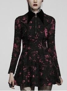 Pointed Collar Black Pink Print Shredded Slim Fit Gothic Shredded Adjustable Strap Sexy Dress
