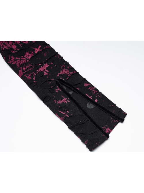 Pointed Collar Black Pink Print Shredded Slim Fit Gothic Shredded Adjustable Strap Sexy Dress