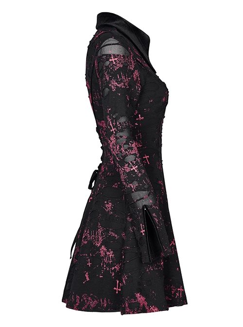 Pointed Collar Black Pink Print Shredded Slim Fit Gothic Shredded Adjustable Strap Sexy Dress