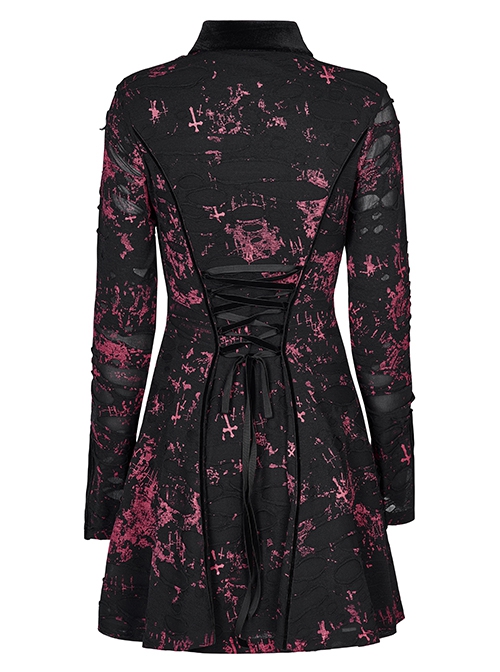 Pointed Collar Black Pink Print Shredded Slim Fit Gothic Shredded Adjustable Strap Sexy Dress