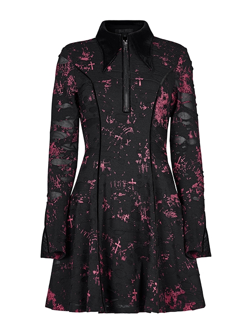 Pointed Collar Black Pink Print Shredded Slim Fit Gothic Shredded Adjustable Strap Sexy Dress