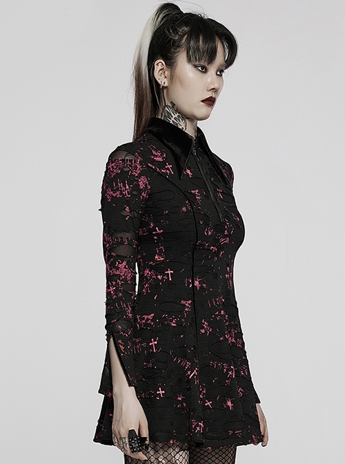 Pointed Collar Black Pink Print Shredded Slim Fit Gothic Shredded Adjustable Strap Sexy Dress