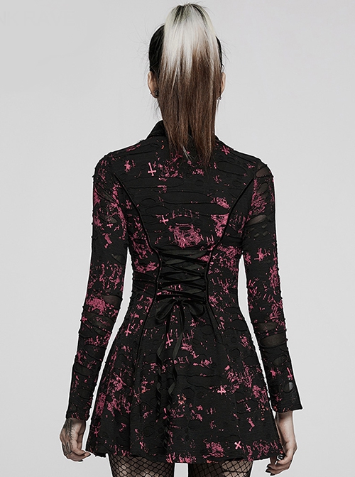 Pointed Collar Black Pink Print Shredded Slim Fit Gothic Shredded Adjustable Strap Sexy Dress