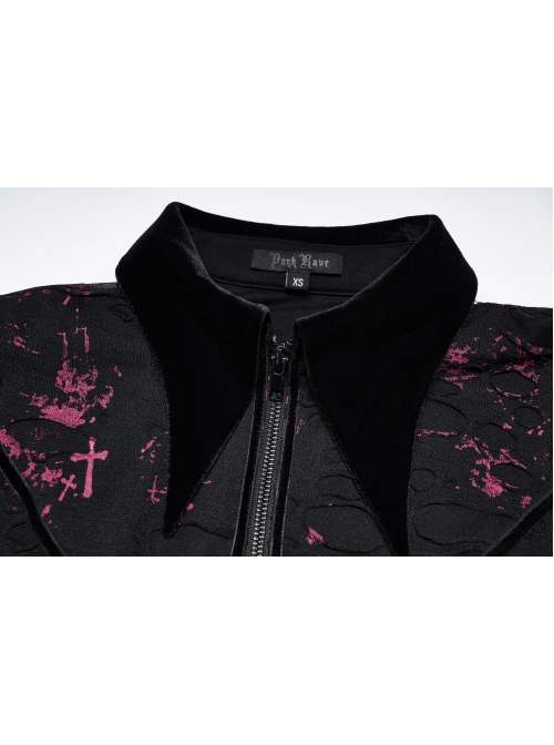 Pointed Collar Black Pink Print Shredded Slim Fit Gothic Shredded Adjustable Strap Sexy Dress
