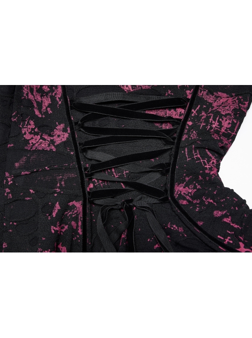 Pointed Collar Black Pink Print Shredded Slim Fit Gothic Shredded Adjustable Strap Sexy Dress