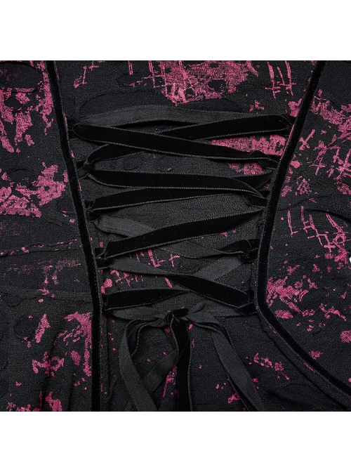 Pointed Collar Black Pink Print Shredded Slim Fit Gothic Shredded Adjustable Strap Sexy Dress
