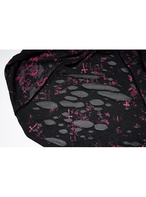 Pointed Collar Black Pink Print Shredded Slim Fit Gothic Shredded Adjustable Strap Sexy Dress