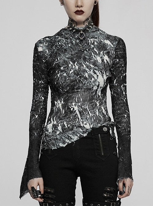 Black  White Pleated Half Turtleneck Punk Irregular Sexy Long Sleeve Lightweight T-Shirt