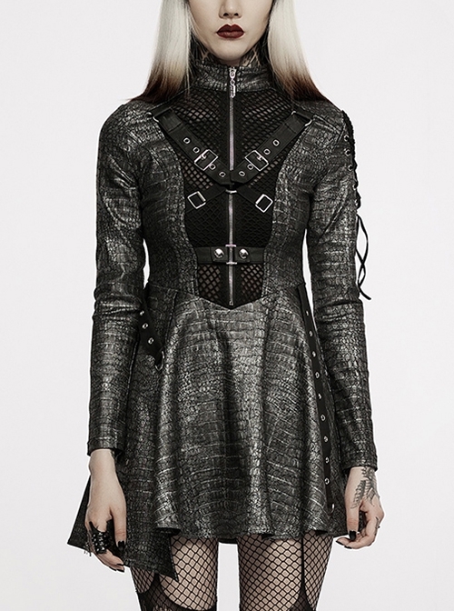 Faux Leather Black Silver Python Print Sexy Asymmetric Hem Panel Mesh Punk Chain Turtleneck Dress