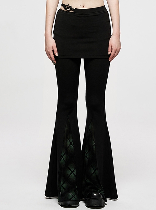 Punk Dark Green Knit Plaid Metal S Buckle Decoration Perspective Elasticity Slim Flare Pant Skirt