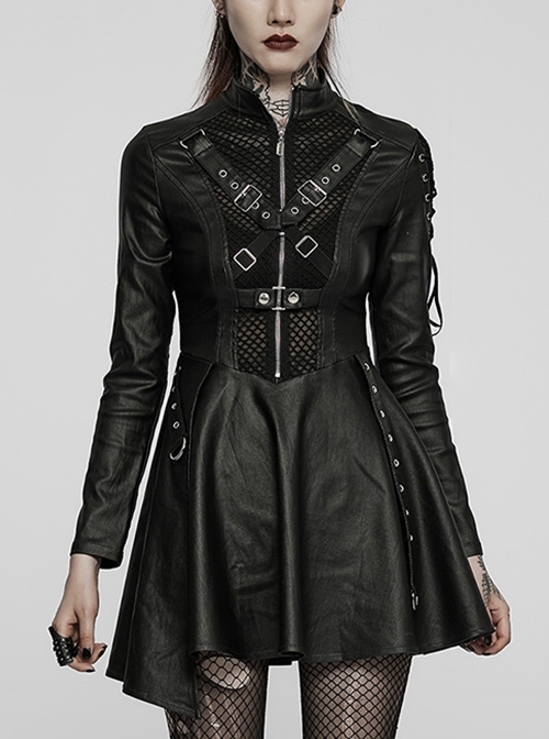 Faux Leather Black Sexy Asymmetric Hem Paneled Mesh Punk Chain Half Turtleneck Slim Dress