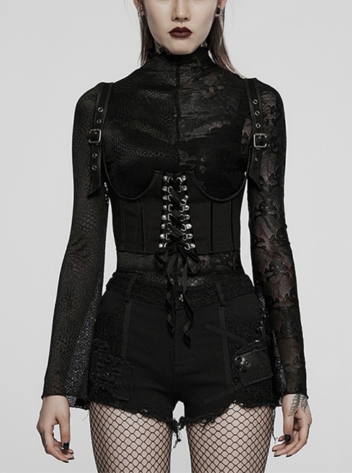 Adjustable Straps Simple Side Zipper Layered Black Rock Punk Sexy Waist Denim Suspender Corset