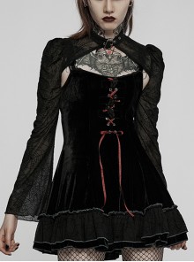 Girly Gothic Velvet Paneled Long Sleeves Adjustable Waist Black Two Piece Bear Sling Ruffle Dress