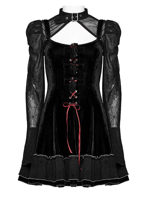Girly Gothic Velvet Paneled Long Sleeves Adjustable Waist Black Two Piece Bear Sling Ruffle Dress