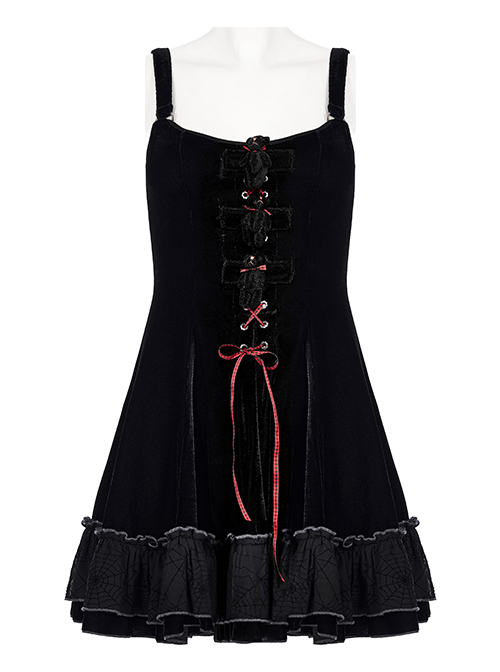 Girly Gothic Velvet Paneled Long Sleeves Adjustable Waist Black Two Piece Bear Sling Ruffle Dress