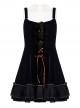 Girly Gothic Velvet Paneled Long Sleeves Adjustable Waist Black Two Piece Bear Sling Ruffle Dress