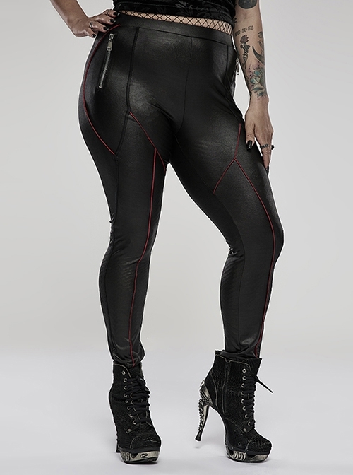 Sexy Red  Black Slim Side Zipper Elastic Punk Fashion Hip-Lifting Thin Leggings