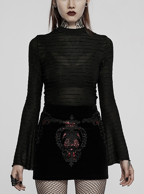 Velvet Striped Light Flared Sleeve Black Asymmetric Hem Sexy Gothic Long Sleeve T-Shirt