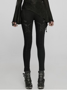 Everyday Tight-Fitting Straps And Faux Leather Statement Patch Hip-Lifting Black Punk Jeans  