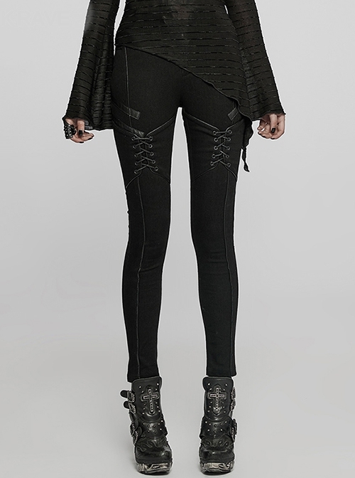 Everyday Tight-Fitting Straps And Faux Leather Statement Patch Hip-Lifting Black Punk Jeans