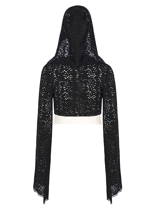 Lace Black Big Hat Hole Gothic Mysterious Horn Long Sleeve Daily Simple All-Match Short Coat