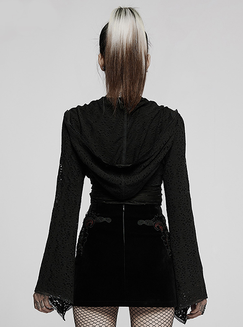 Lace Black Big Hat Hole Gothic Mysterious Horn Long Sleeve Daily Simple All-Match Short Coat