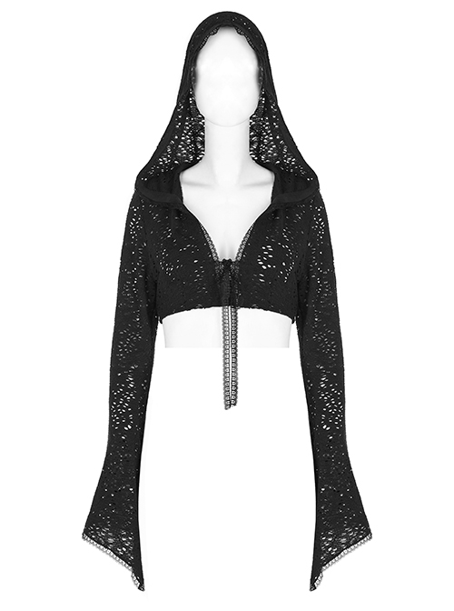 Lace Black Big Hat Hole Gothic Mysterious Horn Long Sleeve Daily Simple All-Match Short Coat