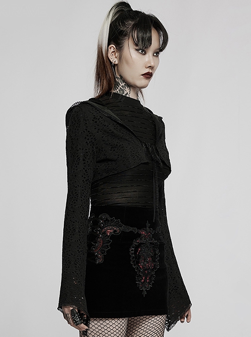 Lace Black Big Hat Hole Gothic Mysterious Horn Long Sleeve Daily Simple All-Match Short Coat