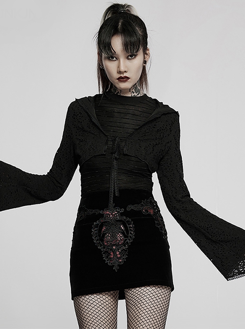 Lace Black Big Hat Hole Gothic Mysterious Horn Long Sleeve Daily Simple All-Match Short Coat
