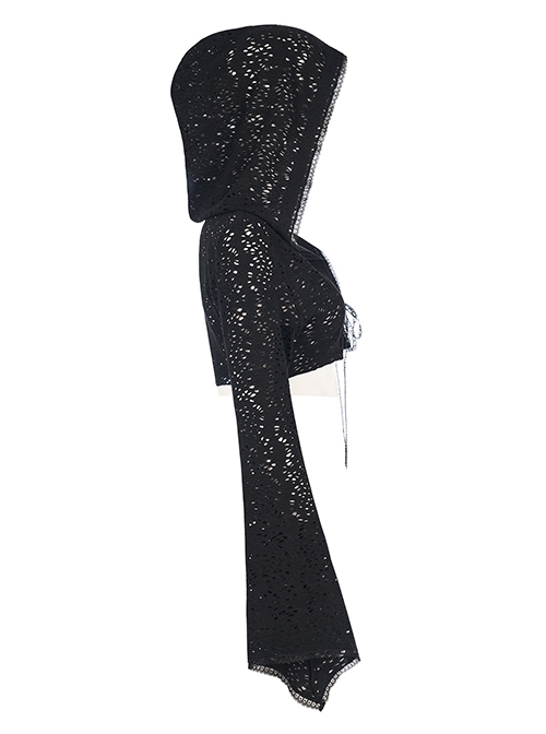 Lace Black Big Hat Hole Gothic Mysterious Horn Long Sleeve Daily Simple All-Match Short Coat