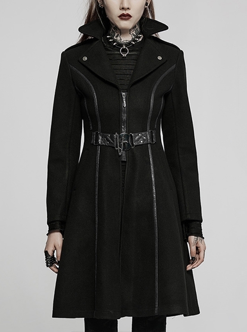 Super Cool Black Big Pocket Stand Collar Slim Lapel Punk Style Statement Belt Long Sleeve Coat