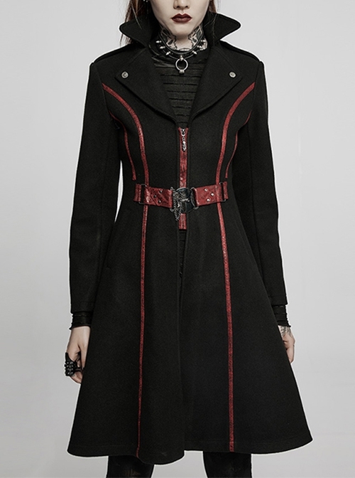 Black Red Big Pocket Stand-Up Collar Slim Lapel Punk Style Personality Belt Long-Sleeved Coat
