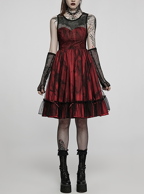 Lace Sexy Mesh Gothic Black Red Invisible Zipper Splicing Mesh Bow Elegant Lolita Sleeveless Dress