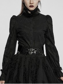 Palace Black Lace Three-Dimensional Lace Half High Neck Puff Sleeve Gothic Texture Loose Shirt