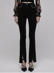 Punk Style Black Daily Denim Chain Decorated Tight Waist Slit Micro Flared Pants