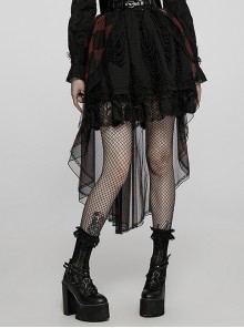 Lightweight Black  Red Printed Front Short Back Long Sexy Double-Layer Mesh Layered Gothic Skirt